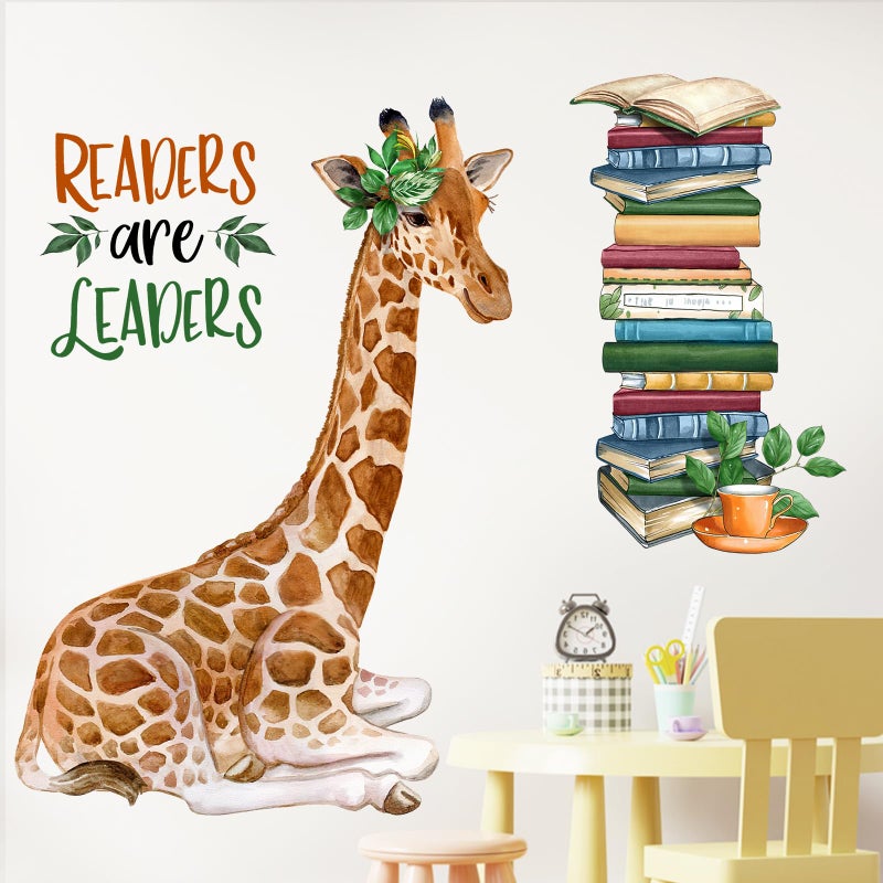 Mfault Giraffe Reading Corner Baby Boys Girls Wall Decals Stickers, Readers are Leaders Woodland Animals Read Books Nursery Playroom Decorations Bedroom Classroom Art, Kids Library Toddler Room Decor - Image 1